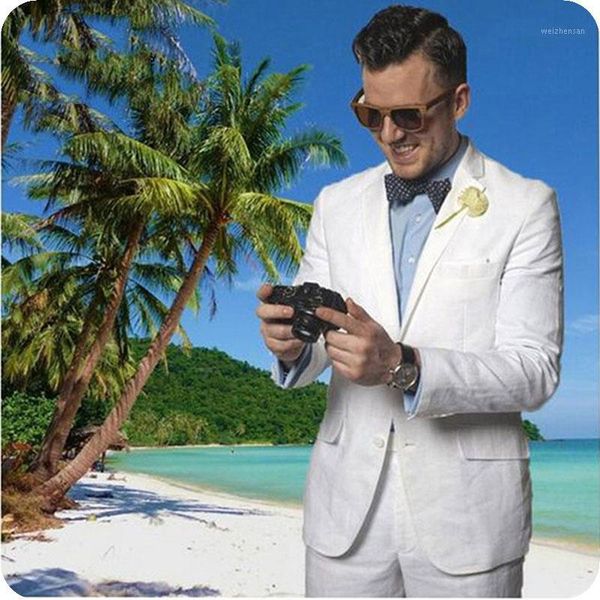 

white linen men suits beach wedding groom tuxedos 2 piece (jacket+pants) slim fit causal male suits blazer costume homme mariage1, White;black