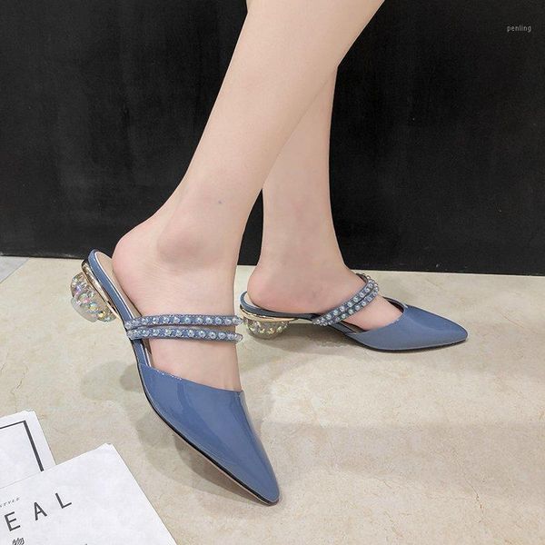 

2020 summer new rhinestone high heels women's thick heel baotou half slippers patent leather pointed toe sandals and slippers1, Black