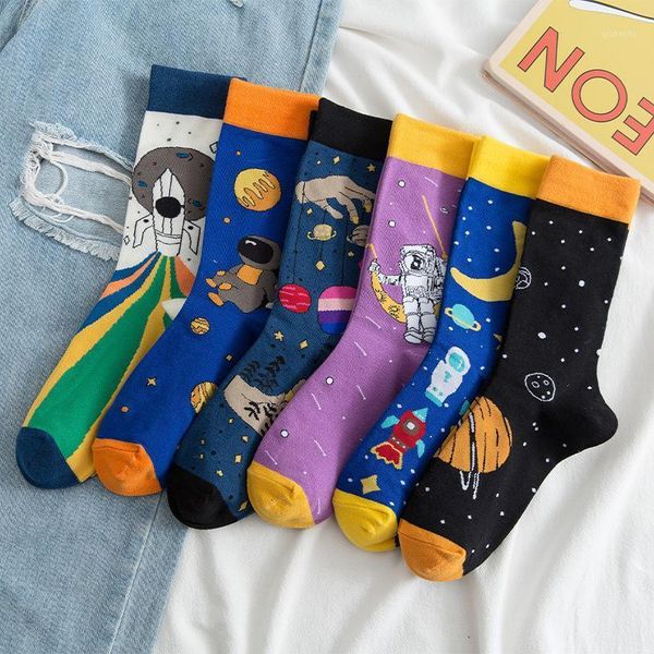 

colorful men's socks harajuku happy cotton socks creative cartoon planet astronauts funny new product christmas gift1, Black
