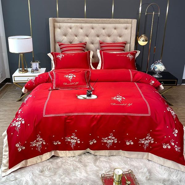 

bouquet floral embroidery satin silk cotton bedding set double bed home pillowcases fitted set sheet textile cover duvet linen