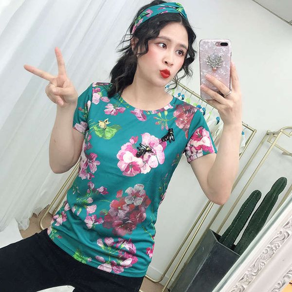 

2020 summer new women's high end version of hand made bee geranium holiday t-shirt trend, Black;gray