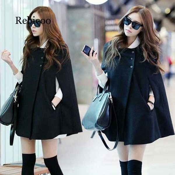 

women's wool & blends ladies coat with pocket loose o-neck batwing poncho autumn winter warm a line long jacket cloak cape, Black