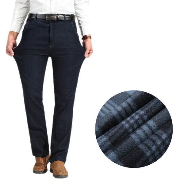 

autumn and winter men's straight jeans cotton fleece jeans comfortable elastic high waist casual, Blue