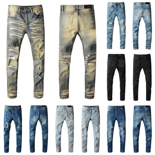 

высококачественные мужские повседневные прямые возрождения низкие джинсы пэчворки ретро тонкий тонкий джинсы джинсы разорвал мужчин хип-хоп, Blue