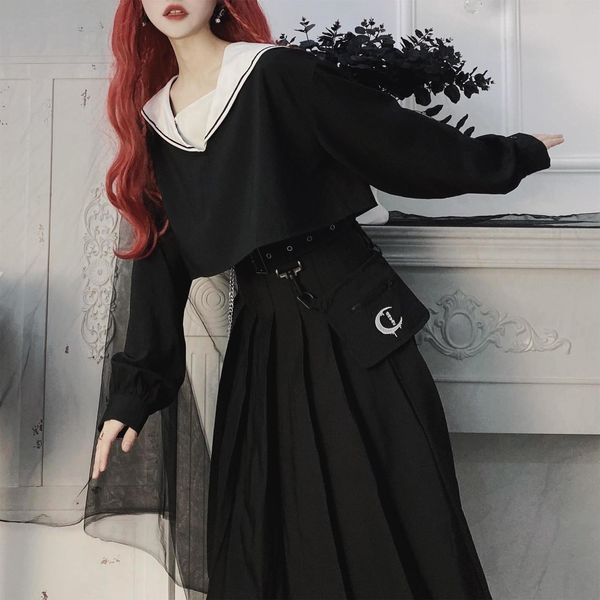 

spring preppy style punk gothic girls harajuku черная плиссированная юбка половина длины юбка съемная карманная цепь женщина плиссированные, Black