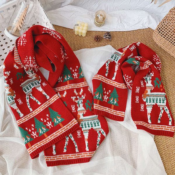 

parent-child scarf knitting jacquard fawn children's bib new christmas gift red wool warm towel, Red;brown
