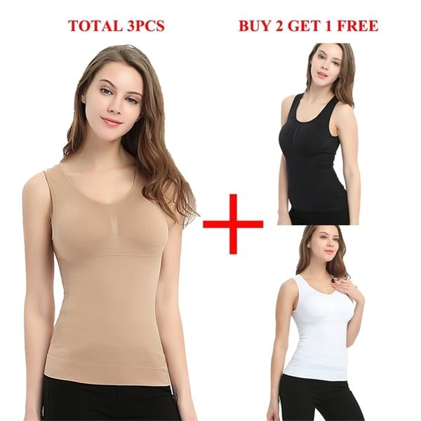 

3 pcs plus size bra cami tank women body shaper removable shaper corrective underwear slimming vest corset shape lj201210, Black;white