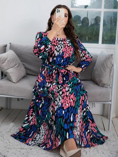 

plus all over print belted dress m6qk#, Black