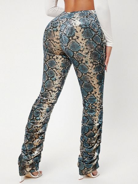 

sxy high waist snakeskin print stacked pants i52c#, Black;white