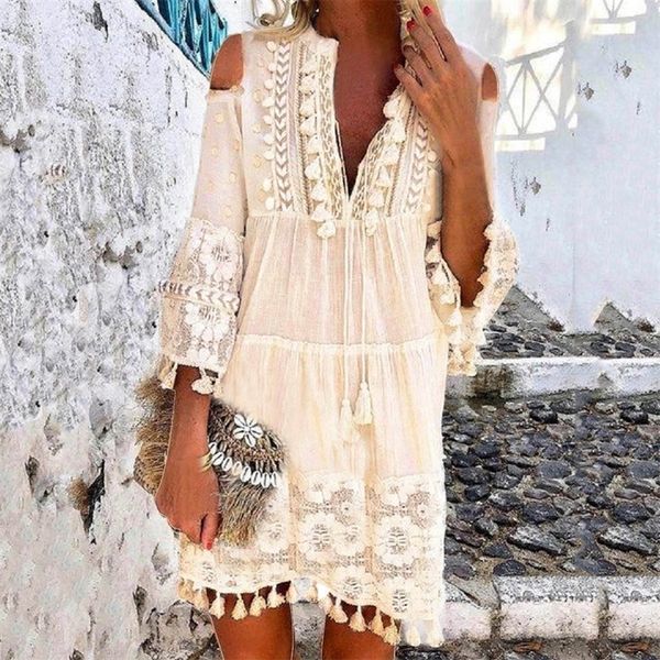 

fashion casual bohemian large size v-neck solid color lace tassel short dress cocktail beach evening dress t200324, White;black