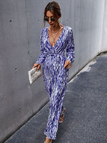 

surplice plunging neck belted all over print jumpsuit 88cy#, White