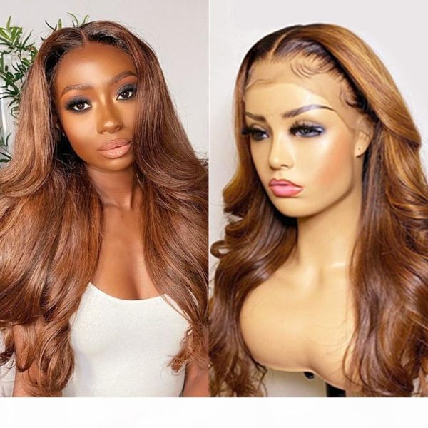

ombre brown 1b 30 body wave human hair wig 180% brazilian remy preplucked t part lace wig glueless for black women, Black;brown