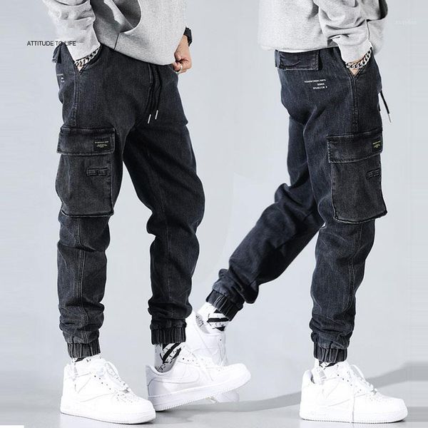 

japanese fashion men jeans black gray loose fit multi pockets cargo pants harem trousers streetwear hip hop jeans men joggers1, Blue