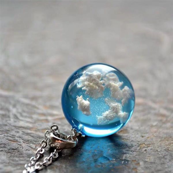 

blue sky white cloud chain resin ball moon pendant necklace jewelry