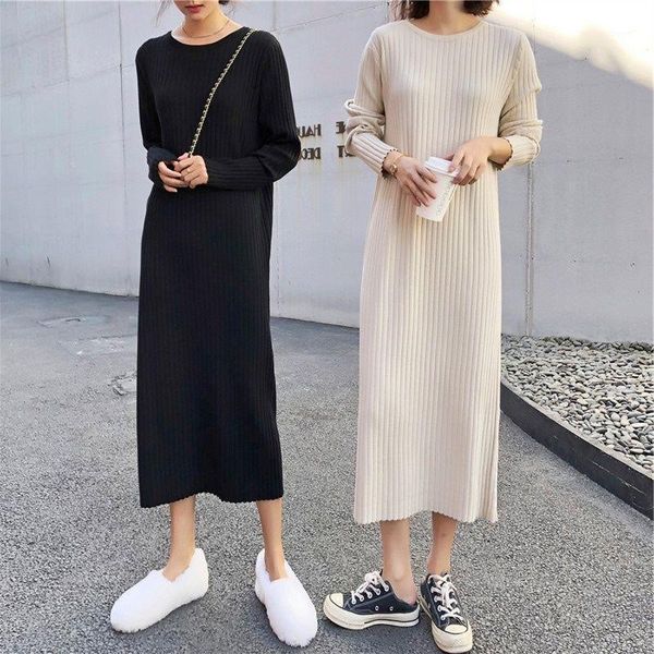 

2020 autumn winter new korean loose medium length wool dresses for women long sleeve bottom knitting dresses women1, Black;gray