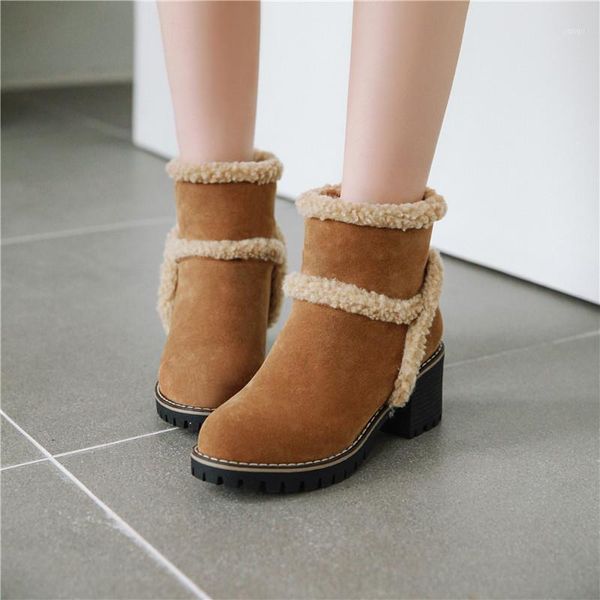 

boots ymechic 2021 winter ladies plush warm thick block high heels woman shoes footwear plus size ankle snow female brown1, Black