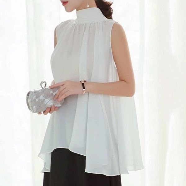 

korean japanese style white black blouse chic new women's elegant turtleneck swing chiffon shirt sleeveless pullover 1