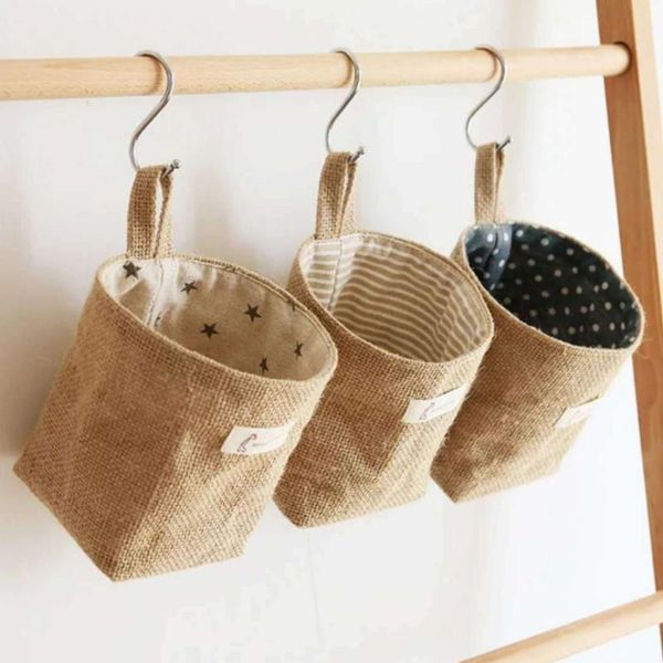 

hanging storage bag with hook jute cotton line sundries storage basket mini deskbag portable door wall hanging