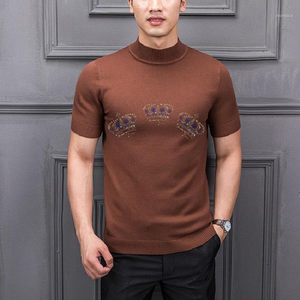 

fashion diamond crown pure cotton short sleeve knitting semi high necked luxury pullover men's sweater1, White;black