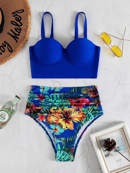 

floral & tropical ruched push up bikini swimsuit f9kz#, White;black