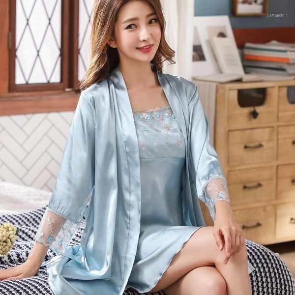 

silky sleepwear satin kimono bathrobe gown women 2pcs nighty&robe set nightwear lace patchwork intimate lingerie nightgown1, Black;red