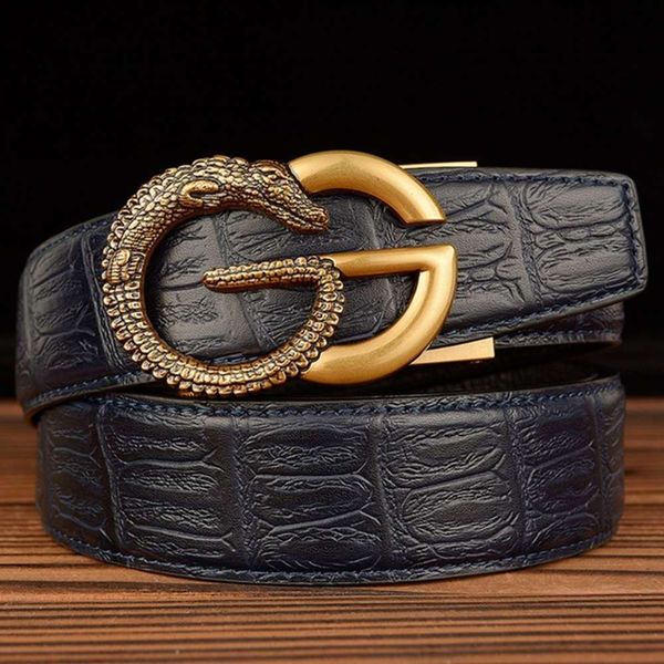 

leisure men's automatic buckle genuine cow hide crocodile youth head leather pants belt new, Black;brown