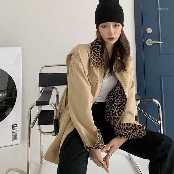 

one-piece ladies korea wear both sides leopard lapel jacket and cardigan vintage loose casual coat 2021 autumn fashion coat lady1, Tan;black