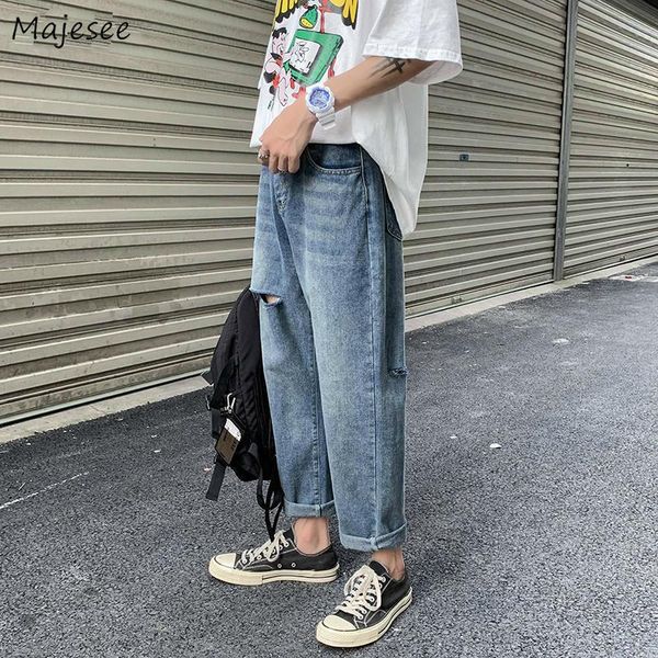 

men's jeans men solid trendy oversize 3xl streetwear holes ankle length denim trousers korean style straight mid-waist loose leisure, Blue