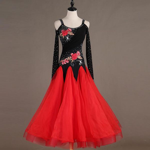 

stage wear rhinestone embroidery elegant ballroom dance competition dress woman tango waltz flamenco performing costume dl4565, Black;red