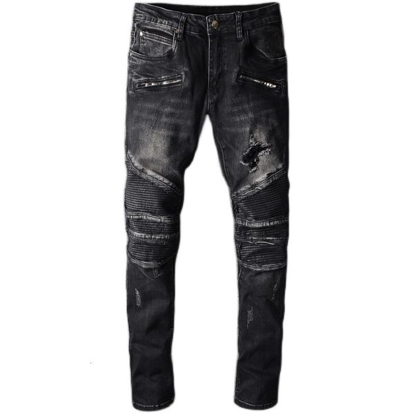 

2021 new male fashion men's european autumn winter black and gray patch leather jeans personality slim locomotive pants trousers dwkb, Blue