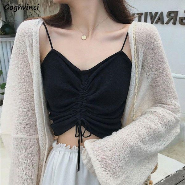 

camis women summer lace-up pleated ruched knitted slim camisoles crop womens chic ins fashion new all-match solid1, White