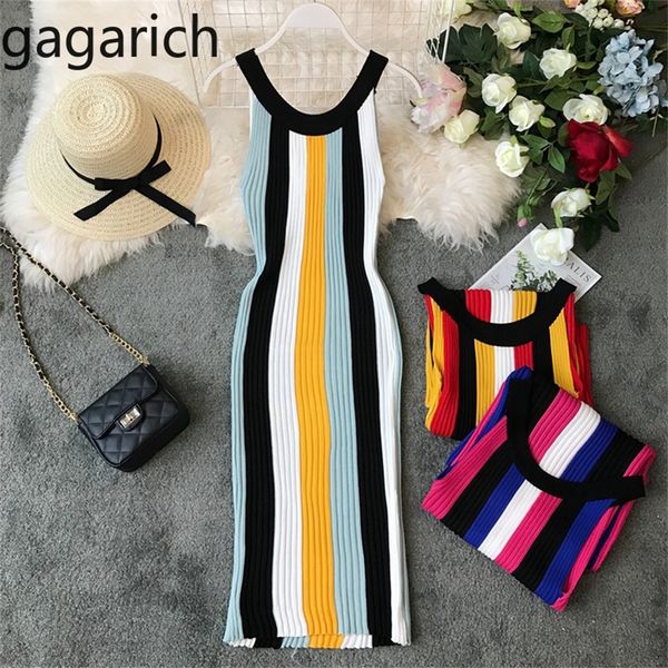 Gagarich Fashion Stretch Striped Women Dress Senza maniche Lunghezza al ginocchio Estate Autunno Chic Lavorato a maglia Bodycon Abiti da donna LJ200810