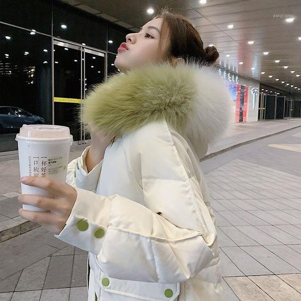 

women 2020 winter white duck down thicken warm jackets female fashion real fur collar hooded coats ladies loose outwear p1221, Black