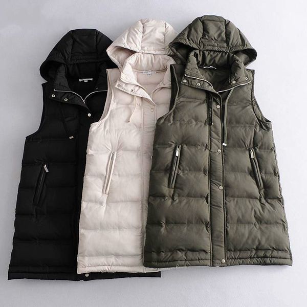 

women's winter 2020 fashion sleeveless ladies pocket parka with warm hood long vest 44s0, Black;white