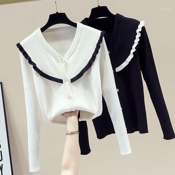 

thick ruffled knitted cardigan for autumn and winter all-match color contrast small coat korean version of warm sweater, White
