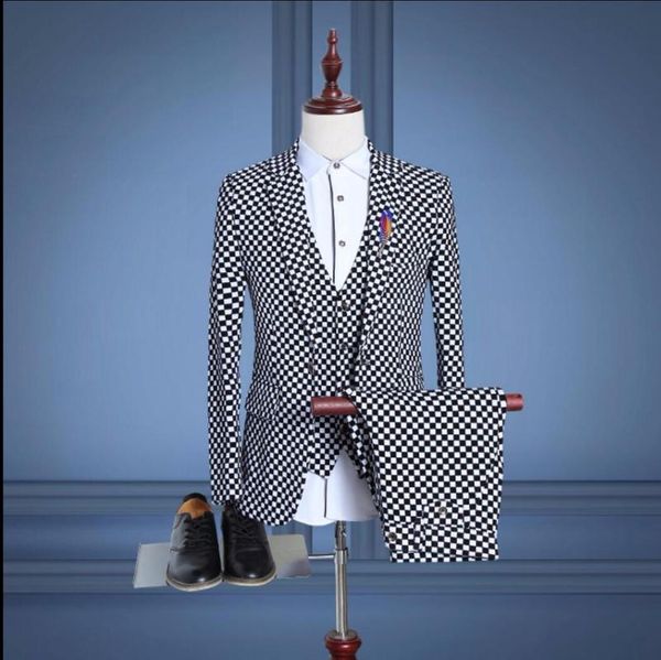 

men suit three - piece printing lattice suit wedding dress korean slim dress singer stage costumes spring and autumn, White;black