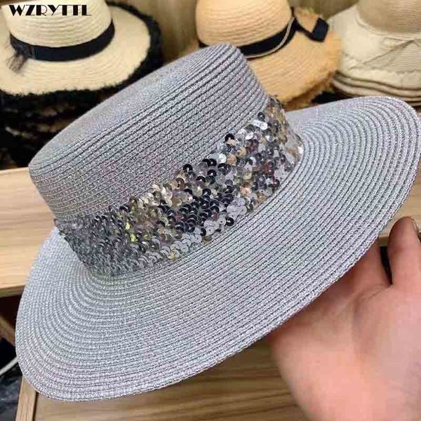

new bling gray gold sequins summer hat wide brim straw hat adjustable beach hat sun hats for women girl derby boater cap c0123, Blue;gray