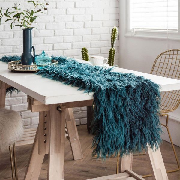 

european luxury wool table runner long shaggy fuzzy fur faux elegant table flag dining banquet table runners wedding party decor jllrvx