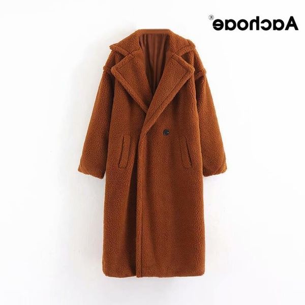 

winter casual solid teddy women sleeve fleece long jacket lady turn down collar lamb fur coat outerwear femme t200506, Black