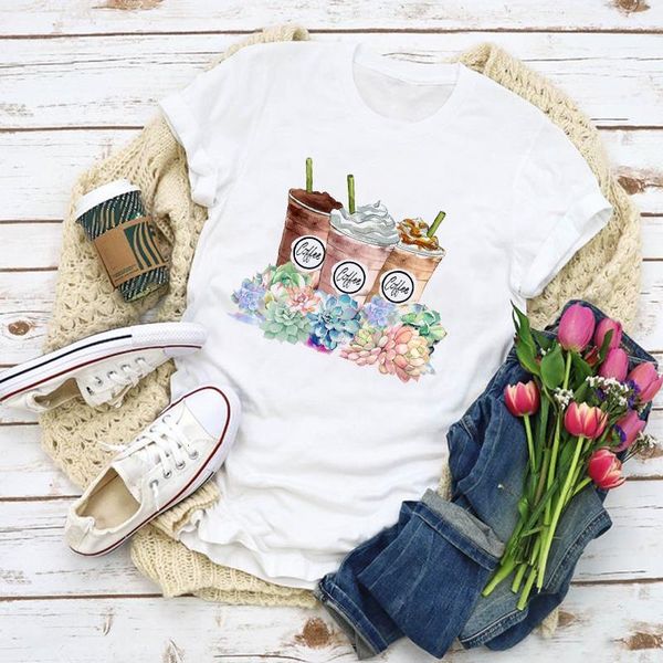 

женские летние с коротким рукавом мультфильм цветочный цветок и кофе печати мода леди футболки топы женские футболки женская одежда, White