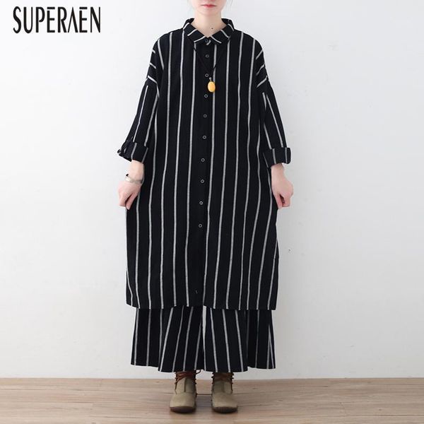 

superaen 2019 spring new women's sets loose pluz size striped cotton women shirt wild casual wide leg pants two pieces female1, White