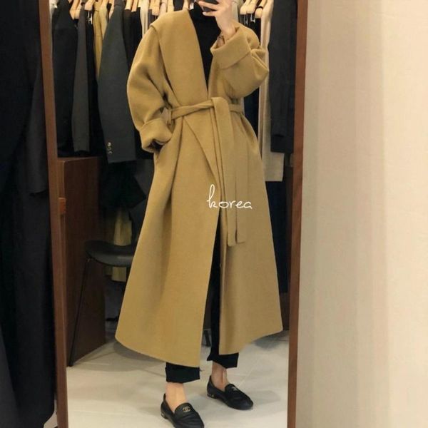 

women's wool & blends women winter vintage elegant long coat jacket hooded brief woolen overcoat with waistband outerwear cardigan, Black