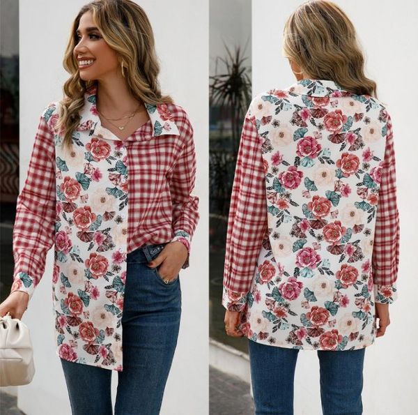 

printed plaid stitching shirt casual loose single-breasted shirt women, White