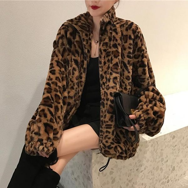 

women's fur & faux lucyever fashion leopard women coat winter thick warm stand collar loose jacket oversize korean zipper streetwear, Black