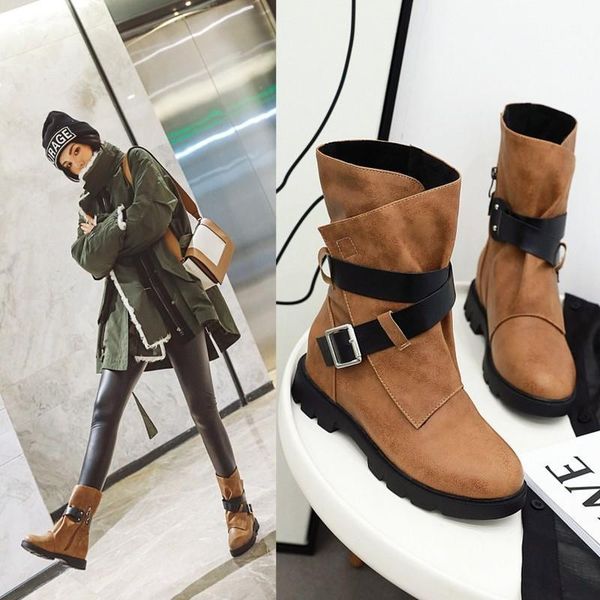 

boots plus size 33-43 women high wedges mixed colors winter ankle metal buckle shoes office ladies maziao1, Black