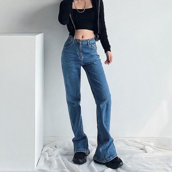 

europe slim flared pants high waists white straight jeans women's wide leg pants fashion simple denim egba, Blue