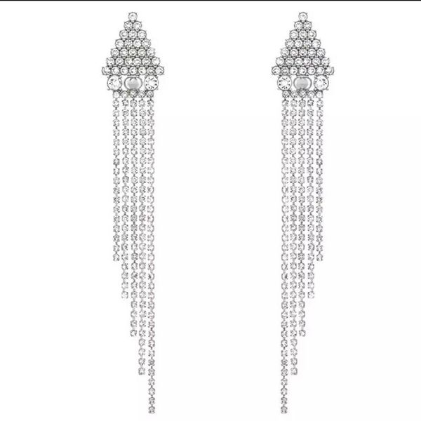 

wholesale-new trendy popular ins fashion luxury designer exaggerated full diamond rhinestone long tassel stud earrings for woman girls, Golden;silver