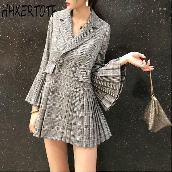 

new fashion check plaid blazer woman notched flare sleeve double breasted pleated long suit casual autumn jacket coat outerwear1, Black
