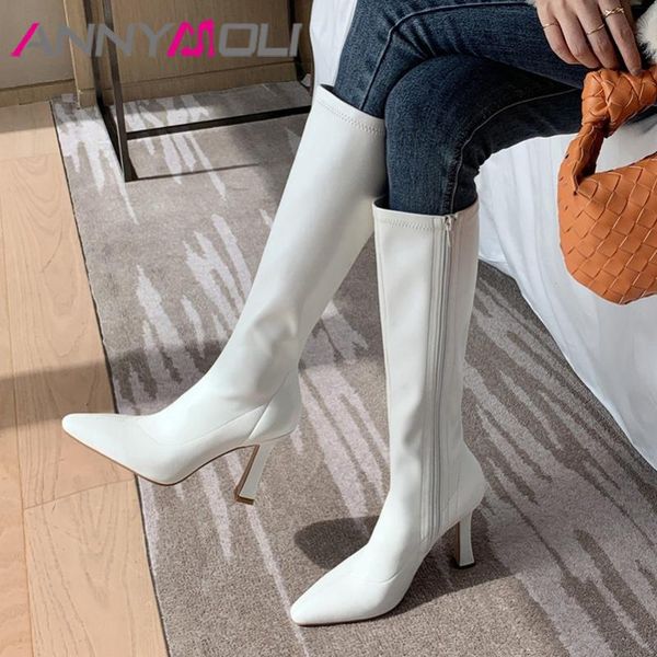 

boots annymoli knee high women shoes pointed toe extreme heel slim thin heels zipper long autumn winter brown, Black