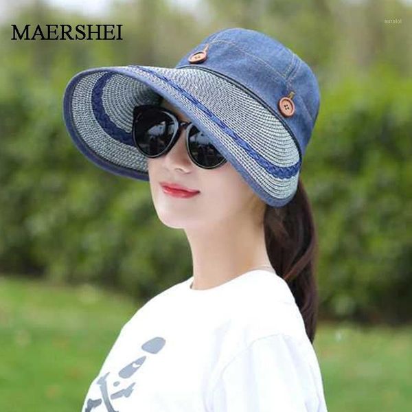 

maershei new empty sun hat women's summer bow button straw hats for women beach headwear 3 colors chapeau femme gift1, Blue;gray